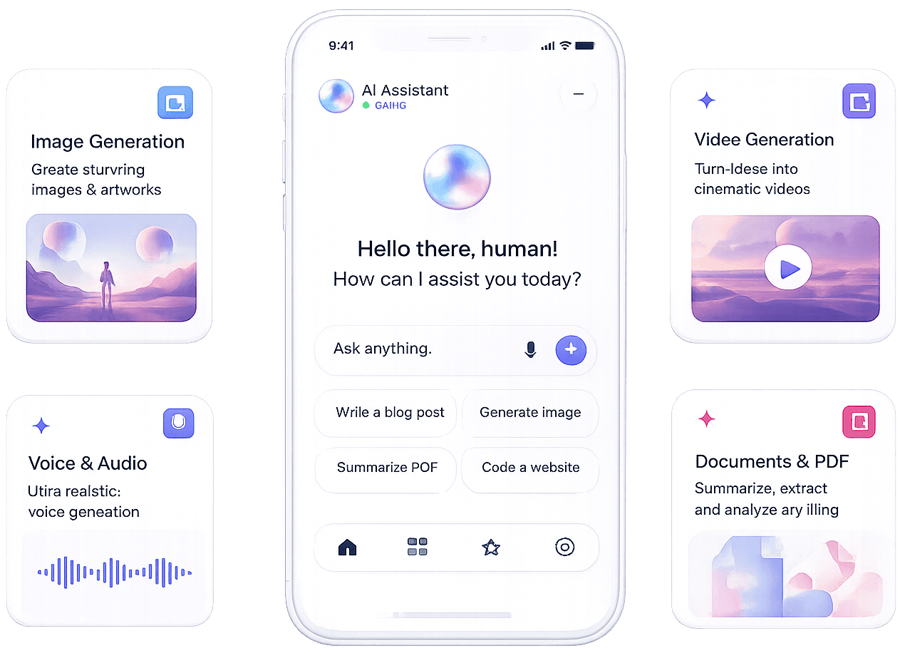 AI Assistant with image, video, voice and document generation tools