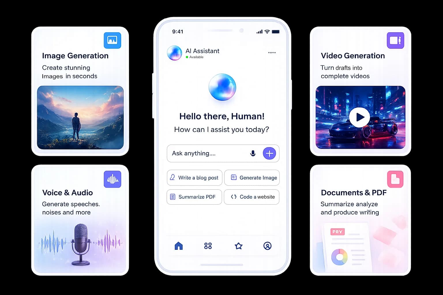 AI Assistant with image, voice and document generation tools